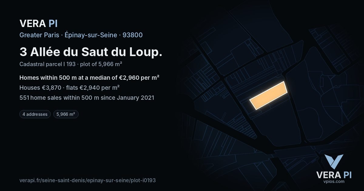 3 Allée du Saut du Loup, Épinay-sur-Seine at night – the plot lit, the parcels around coloured by the prices near them