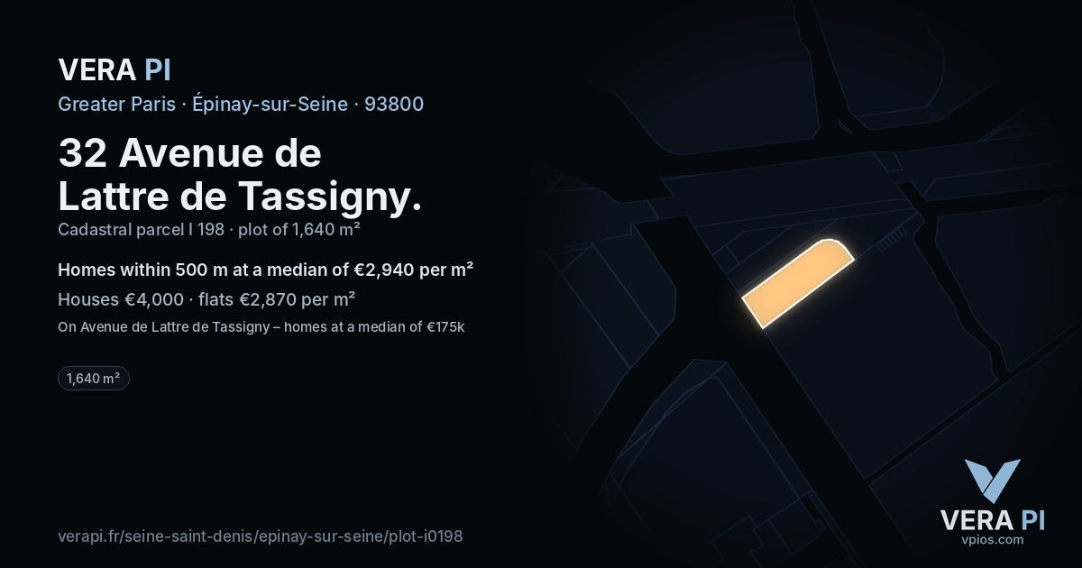 32 Avenue de Lattre de Tassigny, Épinay-sur-Seine at night – the plot lit, the parcels around coloured by the prices near them