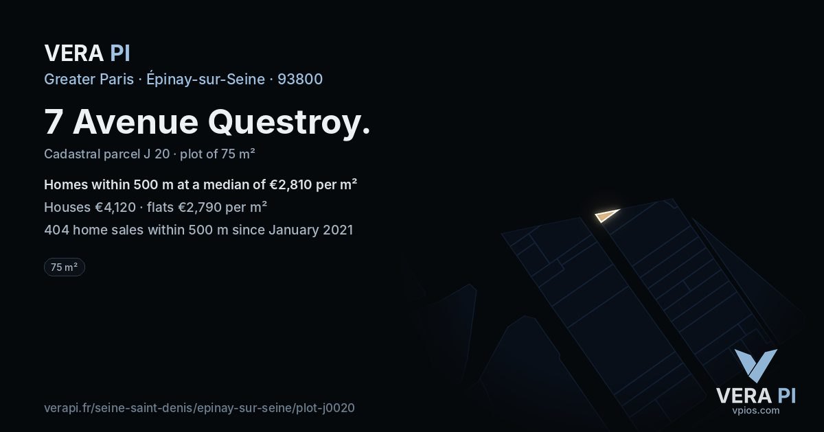 7 Avenue Questroy, Épinay-sur-Seine at night – the plot lit, the parcels around coloured by the prices near them