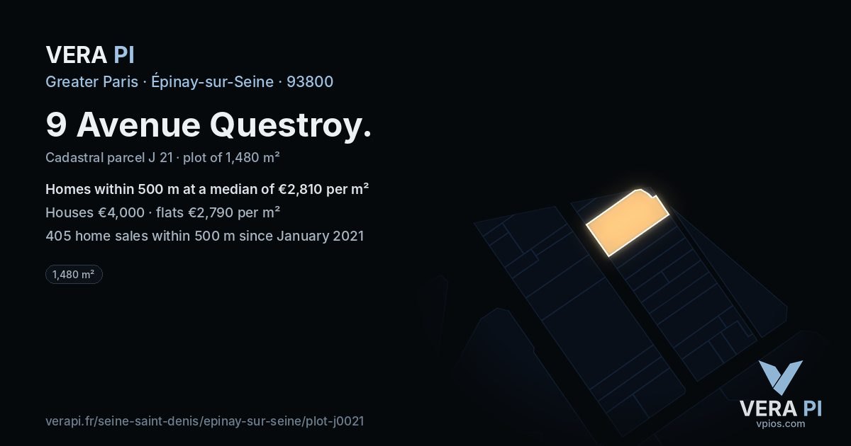 9 Avenue Questroy, Épinay-sur-Seine at night – the plot lit, the parcels around coloured by the prices near them