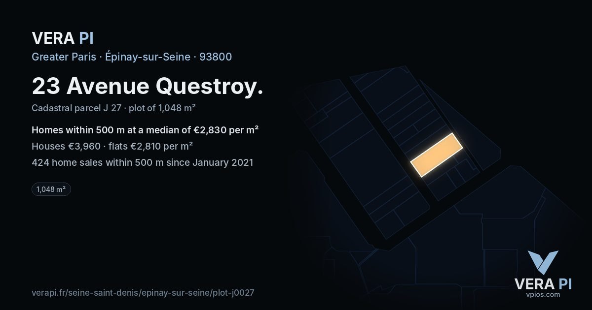 23 Avenue Questroy, Épinay-sur-Seine at night – the plot lit, the parcels around coloured by the prices near them