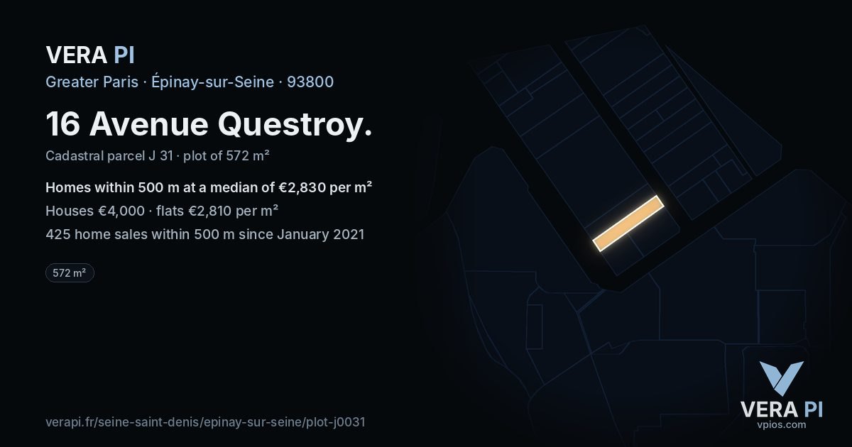 16 Avenue Questroy, Épinay-sur-Seine at night – the plot lit, the parcels around coloured by the prices near them