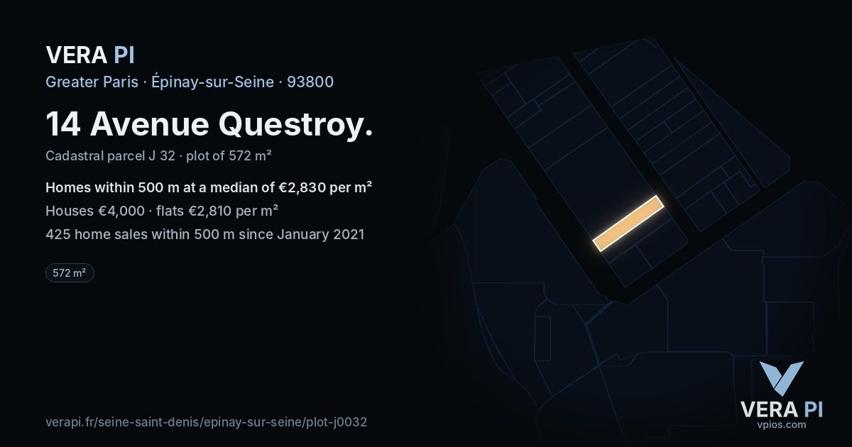 14 Avenue Questroy, Épinay-sur-Seine at night – the plot lit, the parcels around coloured by the prices near them