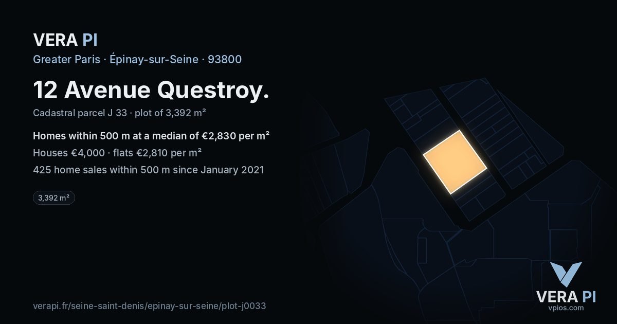 12 Avenue Questroy, Épinay-sur-Seine at night – the plot lit, the parcels around coloured by the prices near them