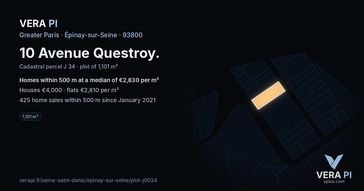 10 Avenue Questroy, Épinay-sur-Seine at night – the plot lit, the parcels around coloured by the prices near them