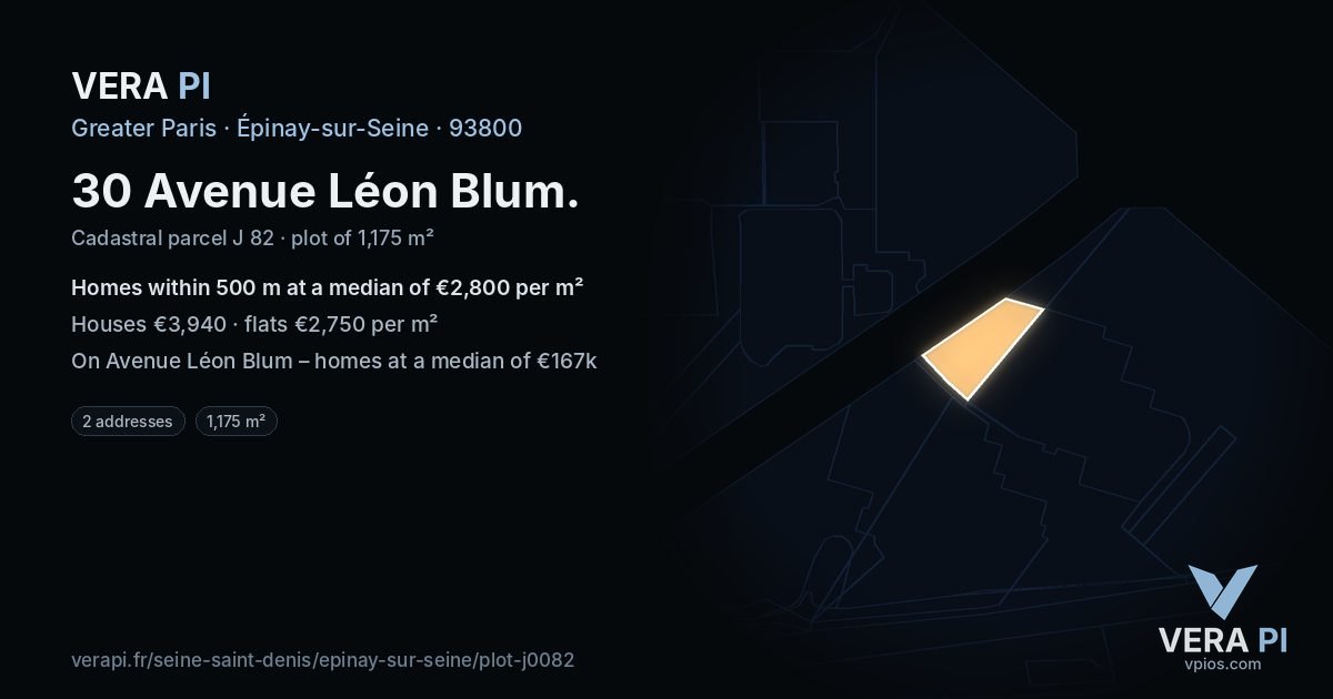 30 Avenue Léon Blum, Épinay-sur-Seine at night – the plot lit, the parcels around coloured by the prices near them