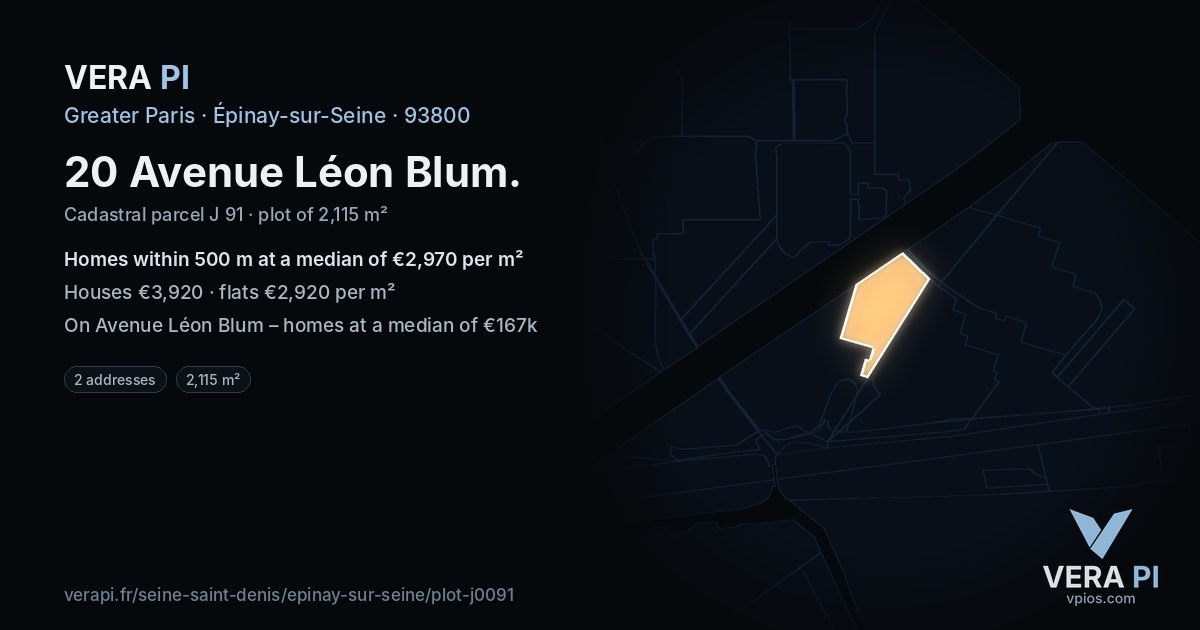 20 Avenue Léon Blum, Épinay-sur-Seine at night – the plot lit, the parcels around coloured by the prices near them