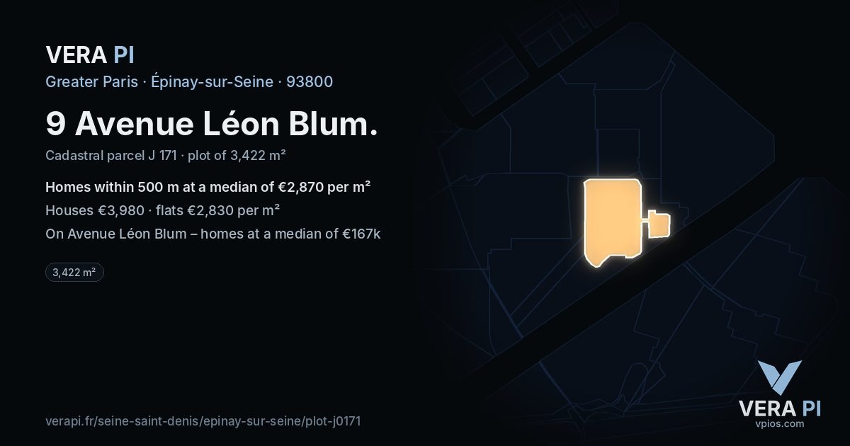 9 Avenue Léon Blum, Épinay-sur-Seine at night – the plot lit, the parcels around coloured by the prices near them