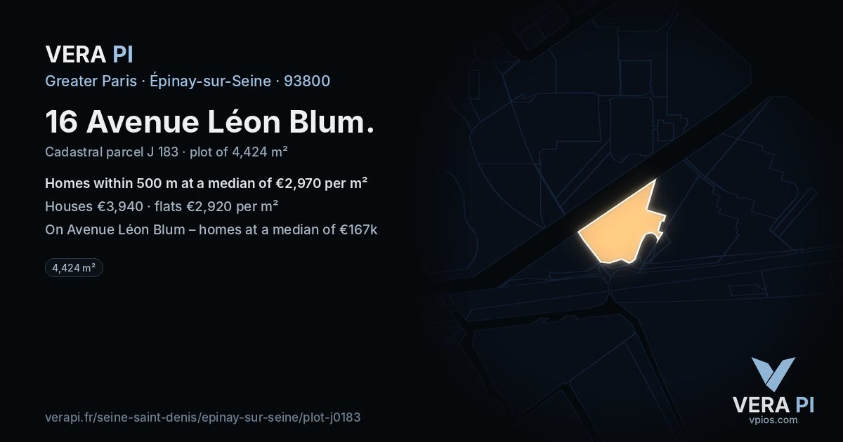 16 Avenue Léon Blum, Épinay-sur-Seine at night – the plot lit, the parcels around coloured by the prices near them