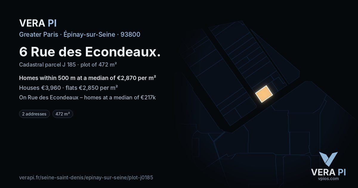 6 Rue des Econdeaux, Épinay-sur-Seine at night – the plot lit, the parcels around coloured by the prices near them