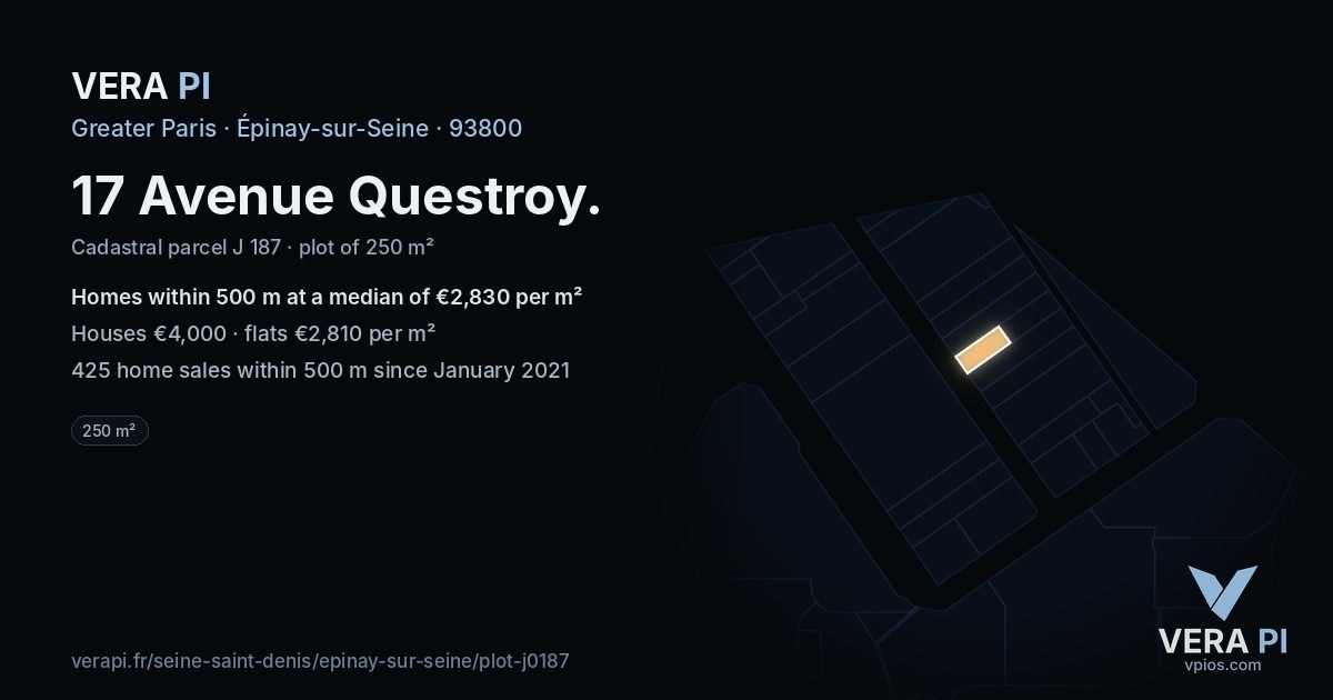 17 Avenue Questroy, Épinay-sur-Seine at night – the plot lit, the parcels around coloured by the prices near them