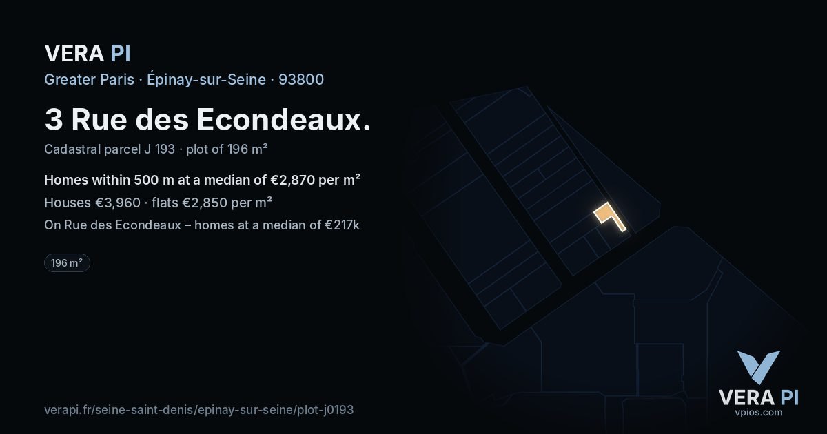 3 Rue des Econdeaux, Épinay-sur-Seine at night – the plot lit, the parcels around coloured by the prices near them
