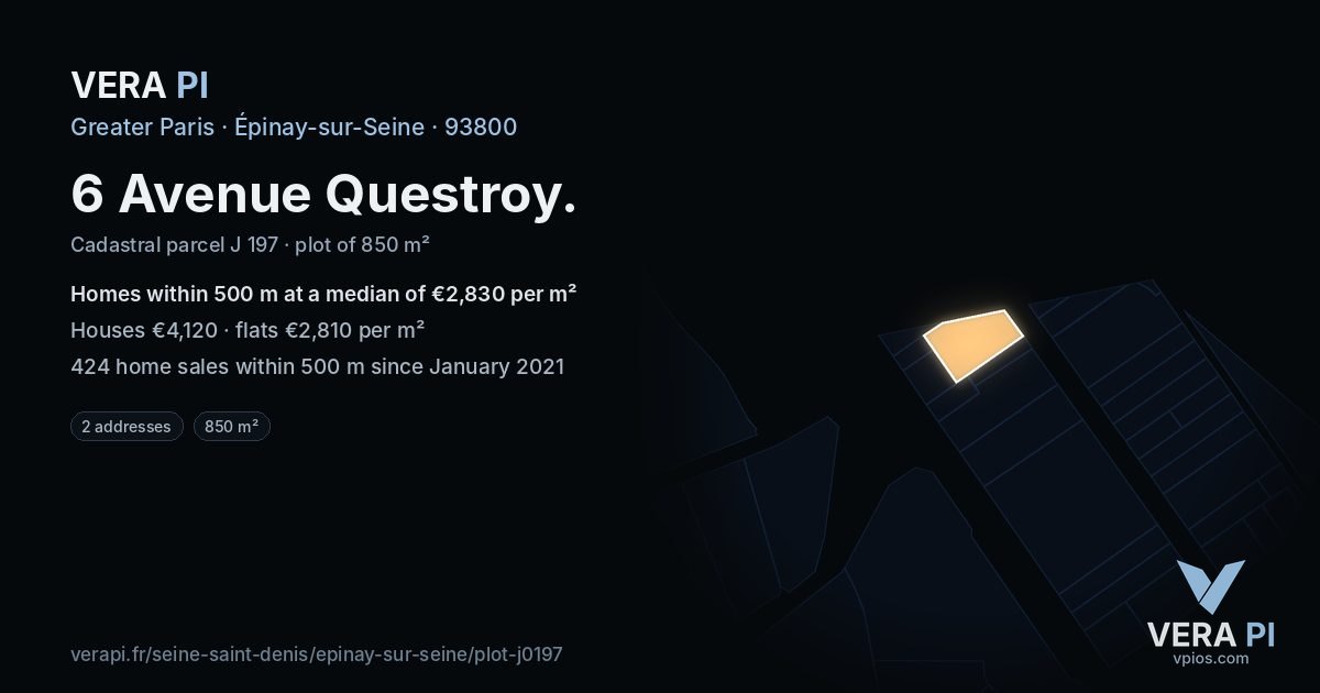 6 Avenue Questroy, Épinay-sur-Seine at night – the plot lit, the parcels around coloured by the prices near them
