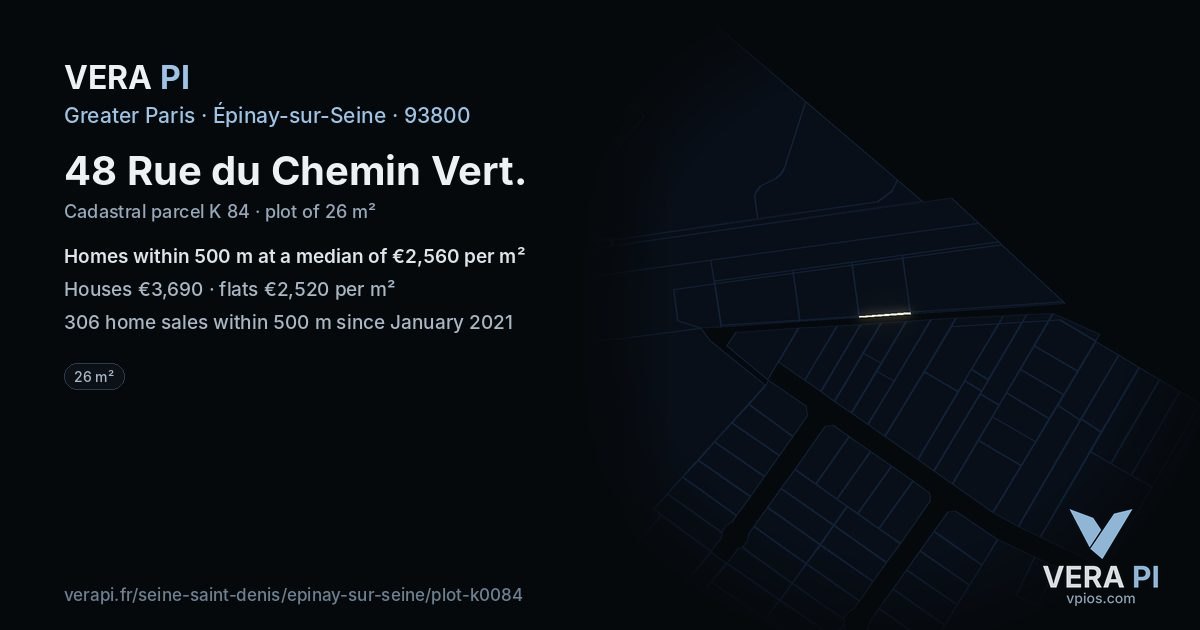 48 Rue du Chemin Vert, Épinay-sur-Seine at night – the plot lit, the parcels around coloured by the prices near them