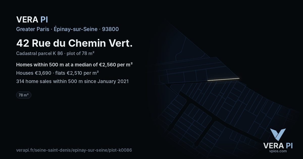 42 Rue du Chemin Vert, Épinay-sur-Seine at night – the plot lit, the parcels around coloured by the prices near them