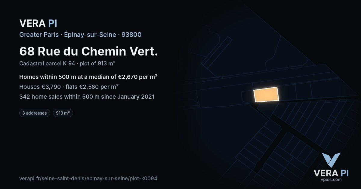 68 Rue du Chemin Vert, Épinay-sur-Seine at night – the plot lit, the parcels around coloured by the prices near them
