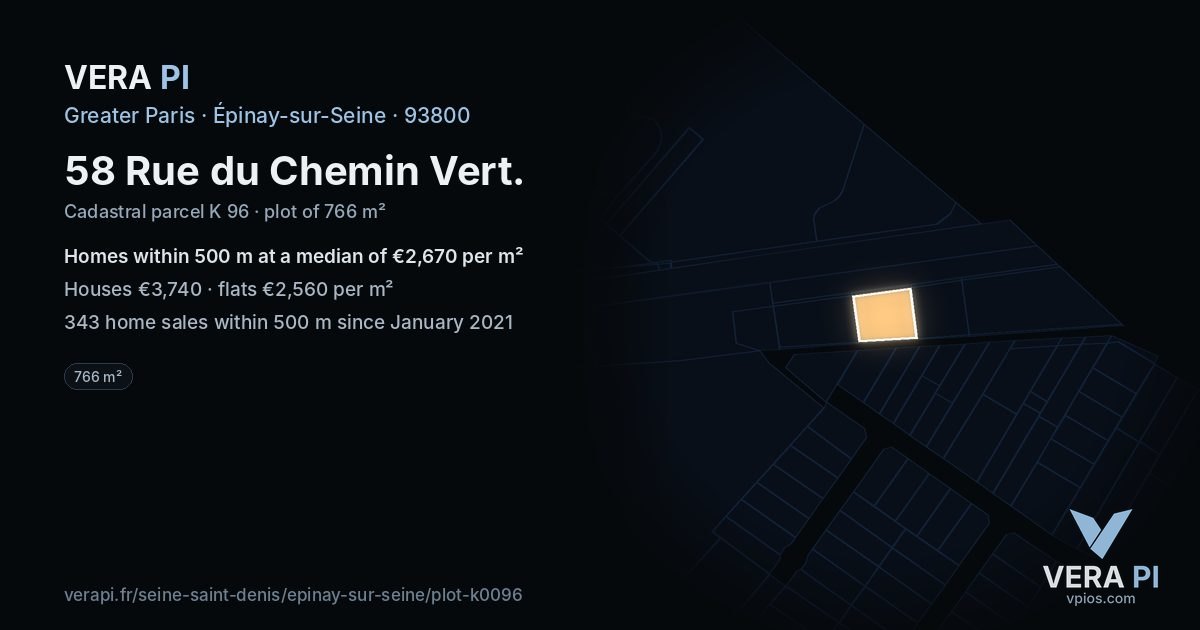 58 Rue du Chemin Vert, Épinay-sur-Seine at night – the plot lit, the parcels around coloured by the prices near them