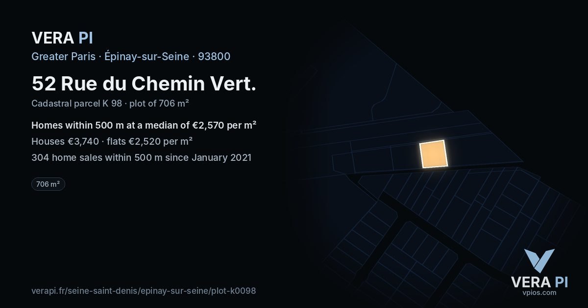52 Rue du Chemin Vert, Épinay-sur-Seine at night – the plot lit, the parcels around coloured by the prices near them