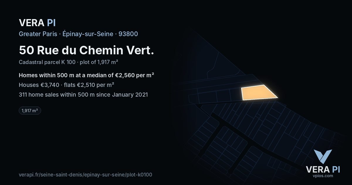 50 Rue du Chemin Vert, Épinay-sur-Seine at night – the plot lit, the parcels around coloured by the prices near them