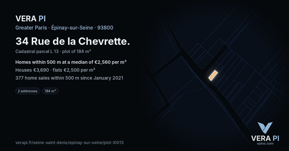 34 Rue de la Chevrette, Épinay-sur-Seine at night – the plot lit, the parcels around coloured by the prices near them