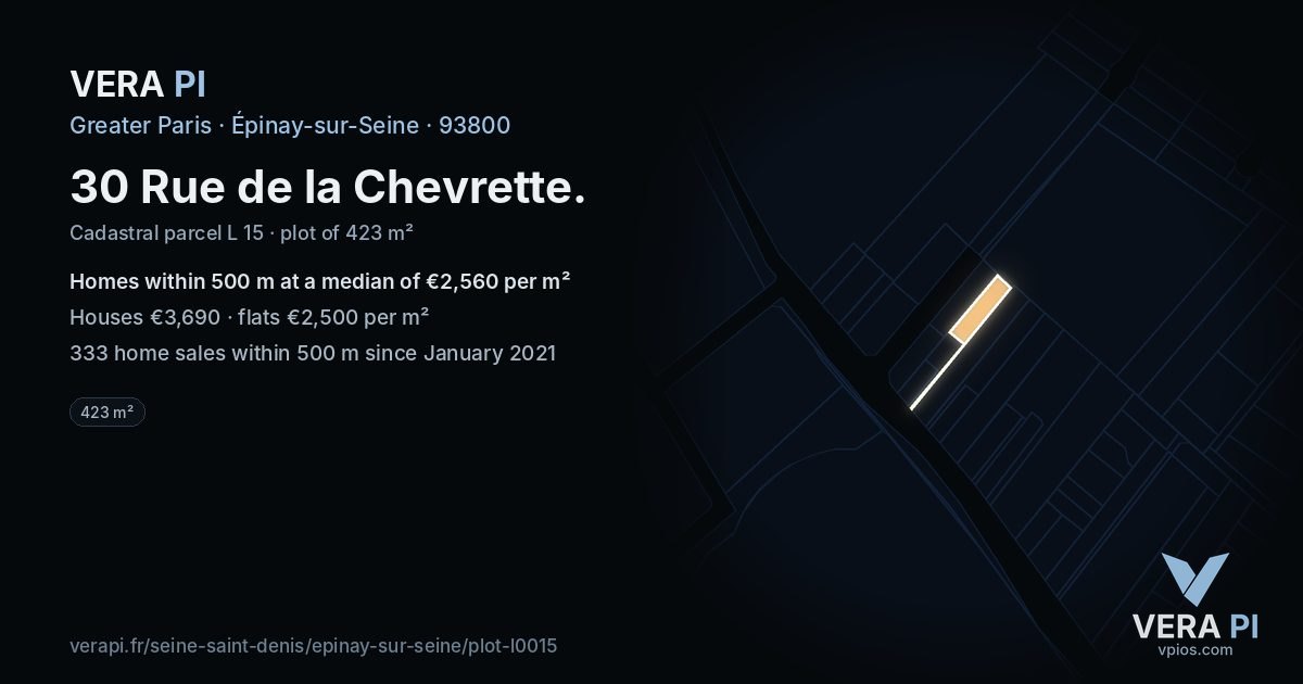 30 Rue de la Chevrette, Épinay-sur-Seine at night – the plot lit, the parcels around coloured by the prices near them