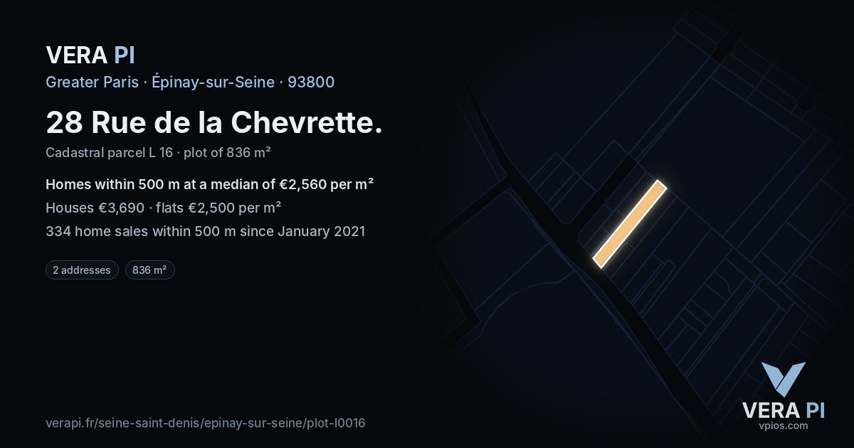 28 Rue de la Chevrette, Épinay-sur-Seine at night – the plot lit, the parcels around coloured by the prices near them
