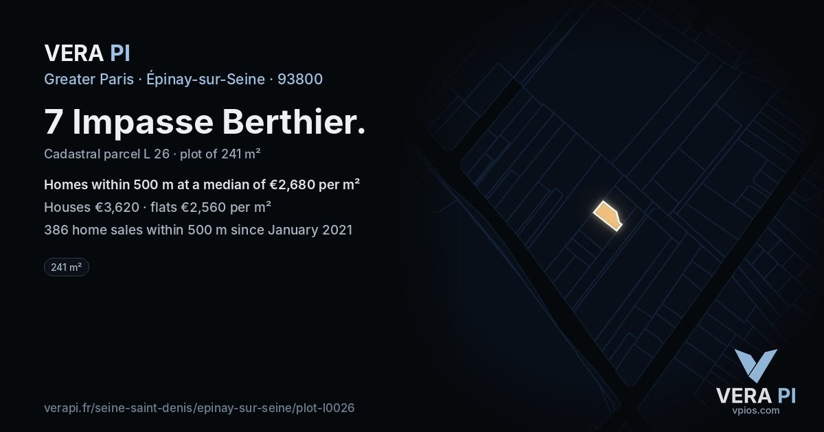 7 Impasse Berthier, Épinay-sur-Seine at night – the plot lit, the parcels around coloured by the prices near them