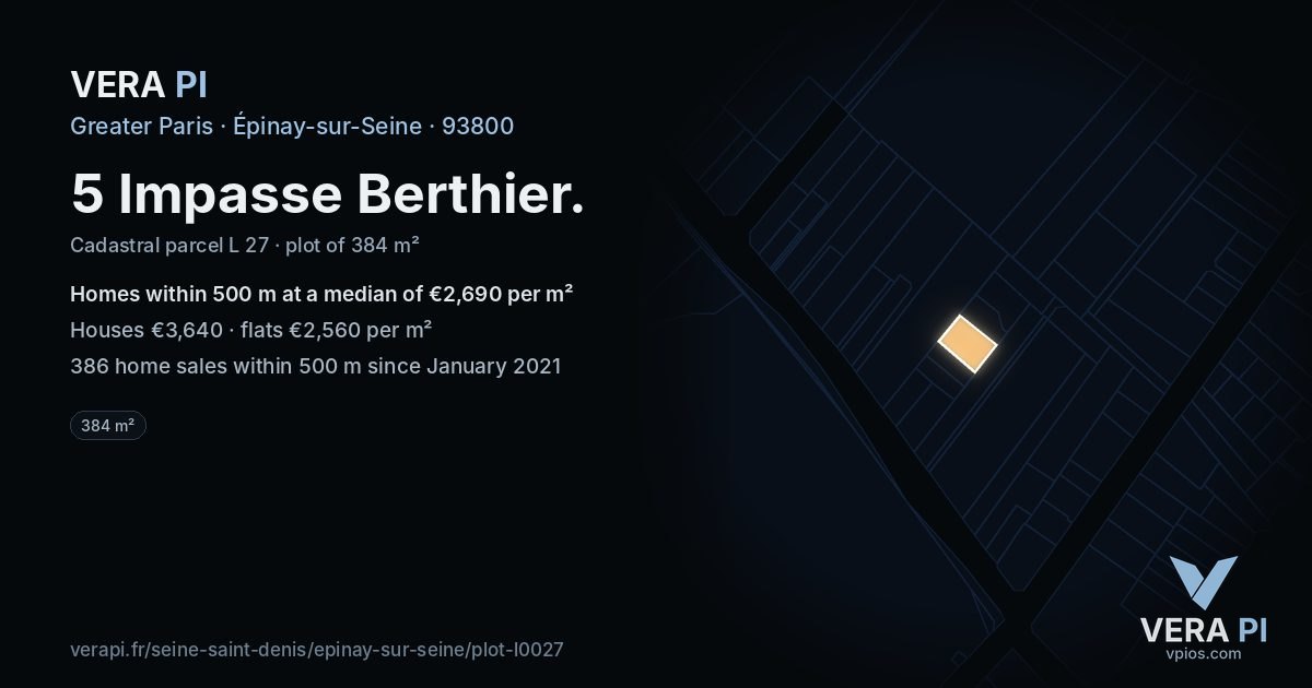 5 Impasse Berthier, Épinay-sur-Seine at night – the plot lit, the parcels around coloured by the prices near them