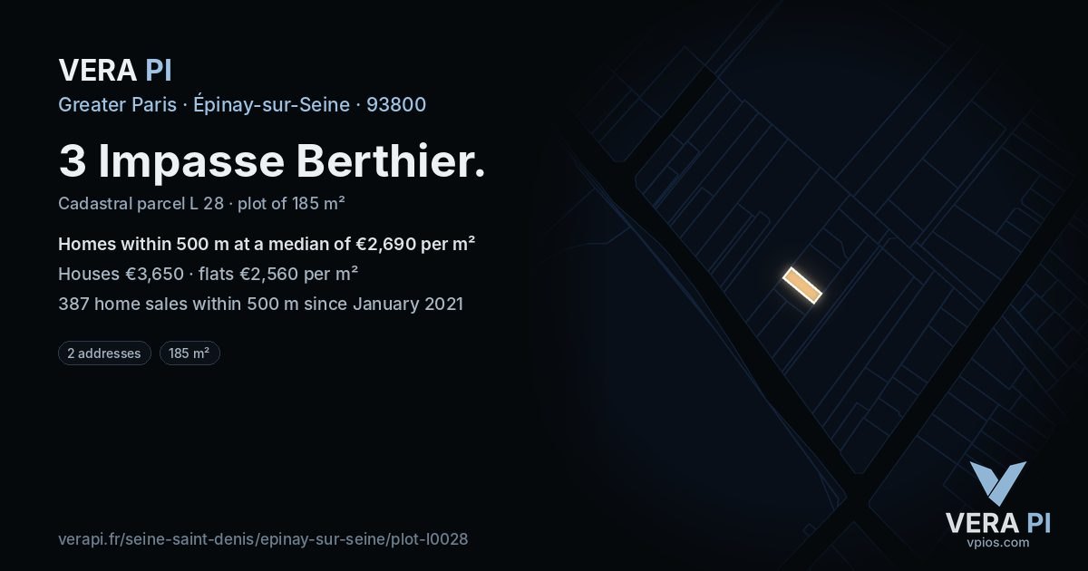 3 Impasse Berthier, Épinay-sur-Seine at night – the plot lit, the parcels around coloured by the prices near them