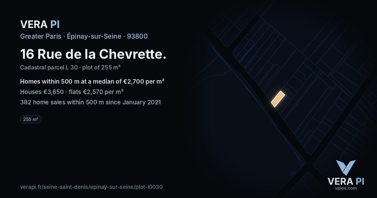 16 Rue de la Chevrette, Épinay-sur-Seine at night – the plot lit, the parcels around coloured by the prices near them