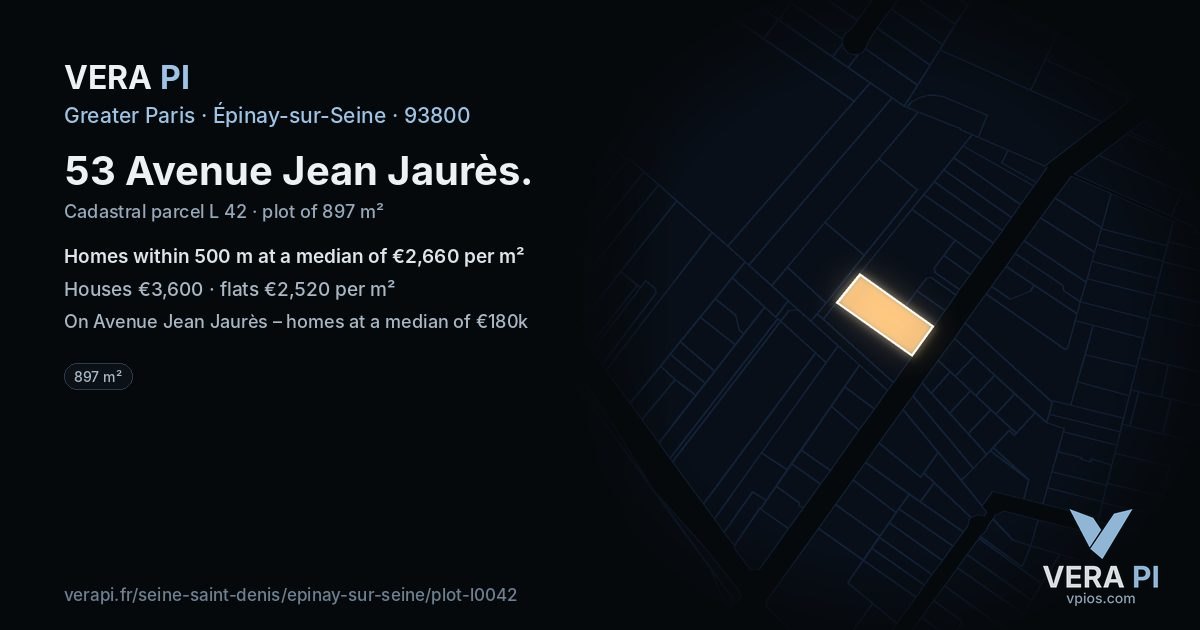 53 Avenue Jean Jaurès, Épinay-sur-Seine at night – the plot lit, the parcels around coloured by the prices near them