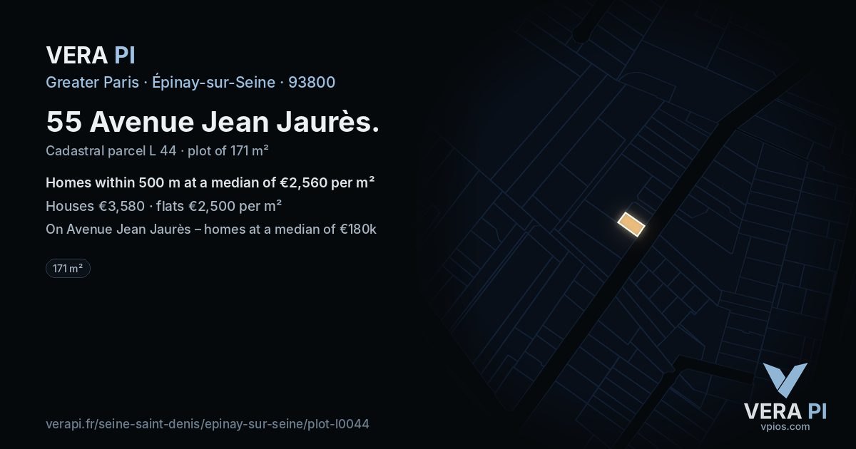 55 Avenue Jean Jaurès, Épinay-sur-Seine at night – the plot lit, the parcels around coloured by the prices near them