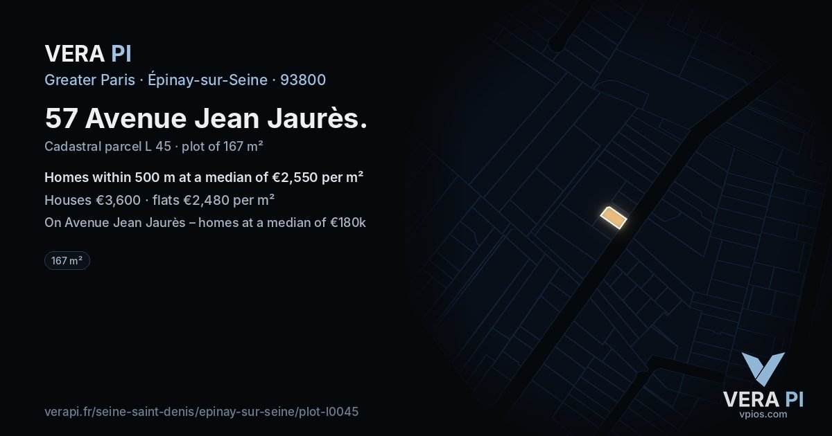 57 Avenue Jean Jaurès, Épinay-sur-Seine at night – the plot lit, the parcels around coloured by the prices near them