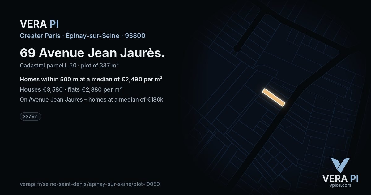 69 Avenue Jean Jaurès, Épinay-sur-Seine at night – the plot lit, the parcels around coloured by the prices near them