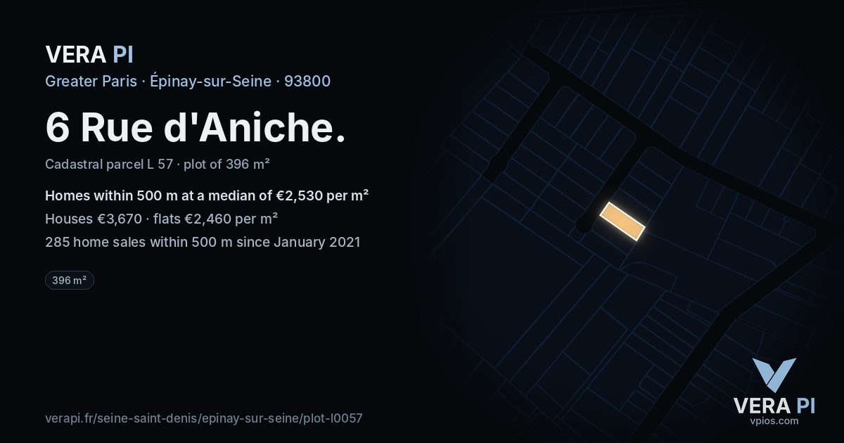 6 Rue d'Aniche, Épinay-sur-Seine at night – the plot lit, the parcels around coloured by the prices near them