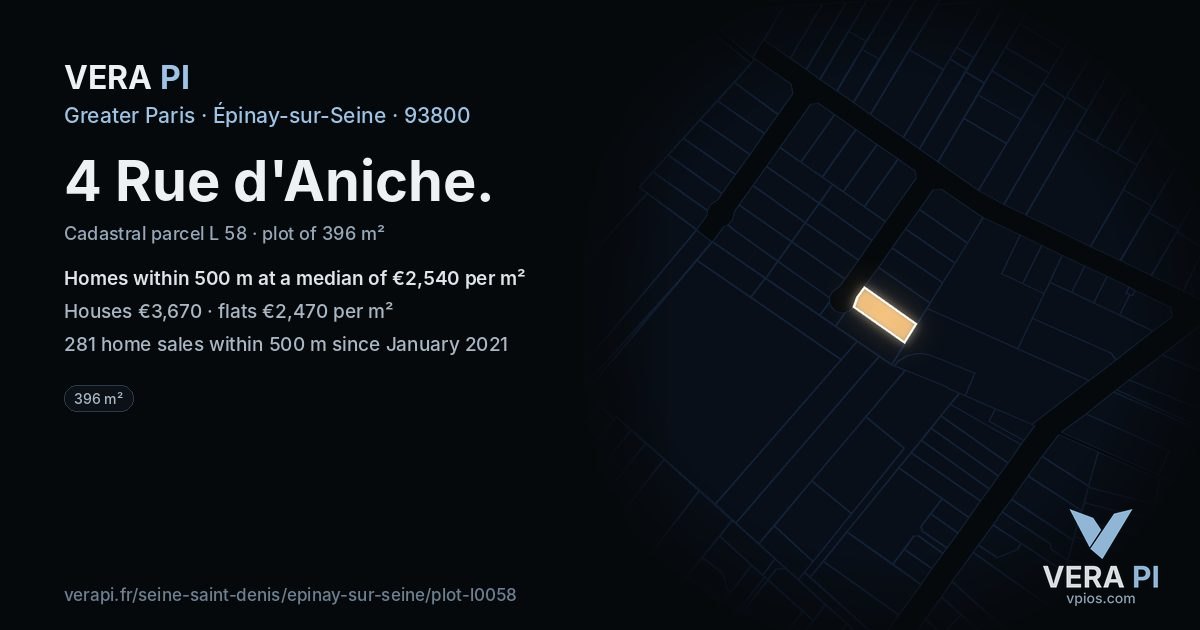 4 Rue d'Aniche, Épinay-sur-Seine at night – the plot lit, the parcels around coloured by the prices near them