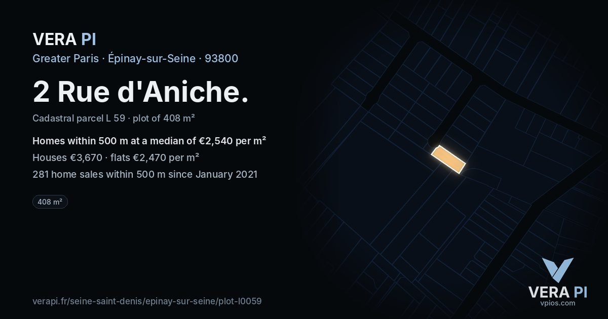 2 Rue d'Aniche, Épinay-sur-Seine at night – the plot lit, the parcels around coloured by the prices near them