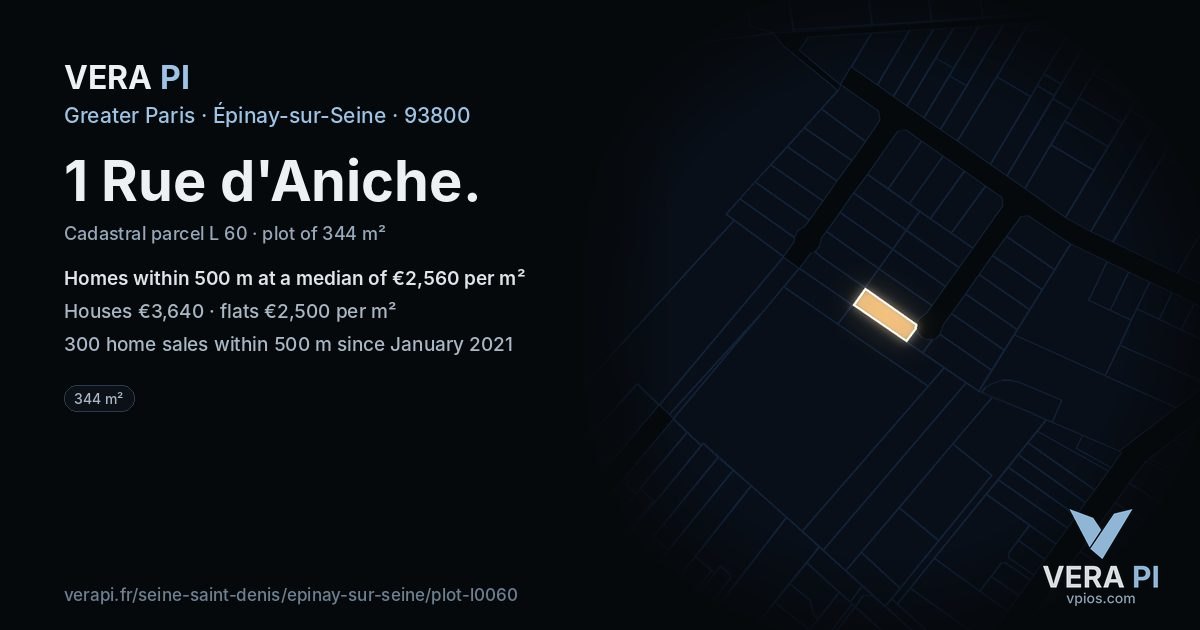1 Rue d'Aniche, Épinay-sur-Seine at night – the plot lit, the parcels around coloured by the prices near them