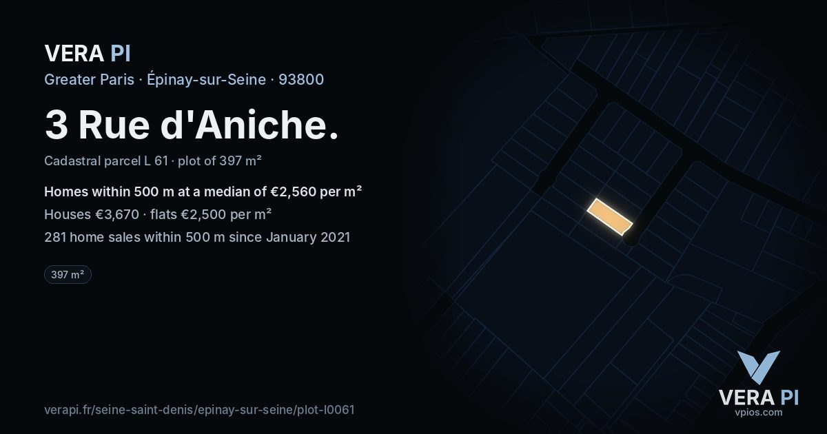 3 Rue d'Aniche, Épinay-sur-Seine at night – the plot lit, the parcels around coloured by the prices near them
