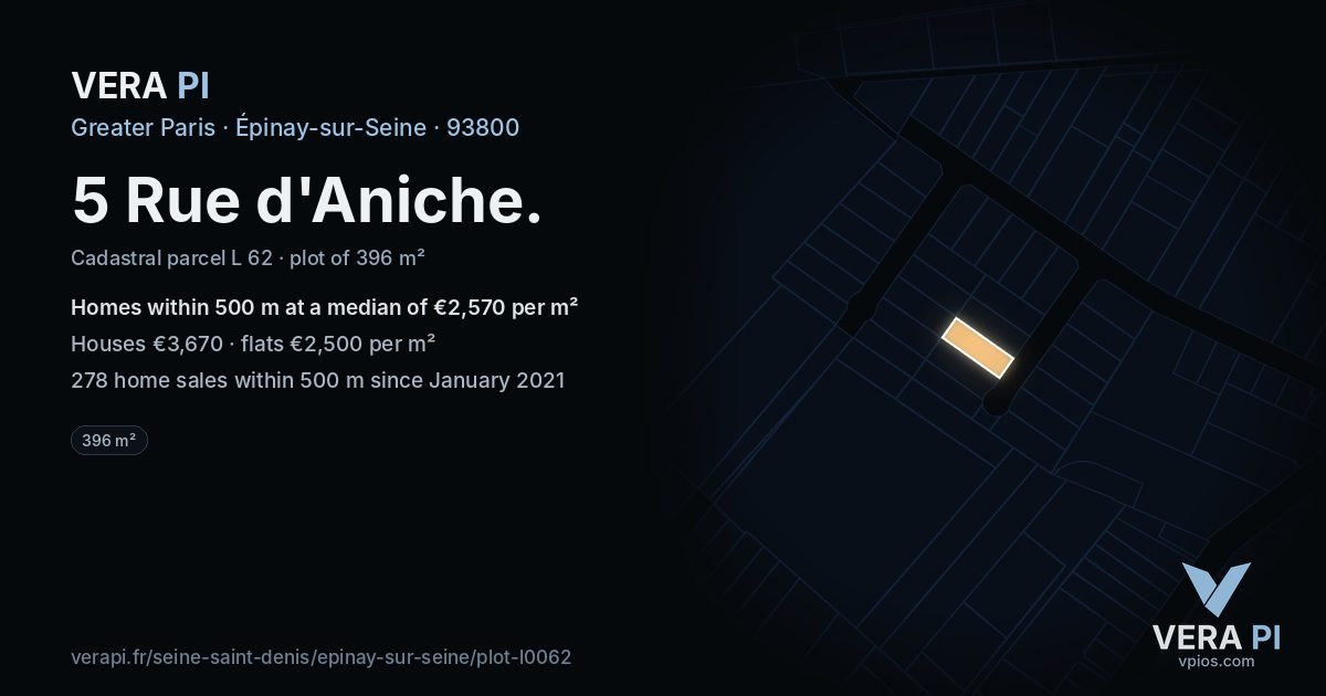 5 Rue d'Aniche, Épinay-sur-Seine at night – the plot lit, the parcels around coloured by the prices near them