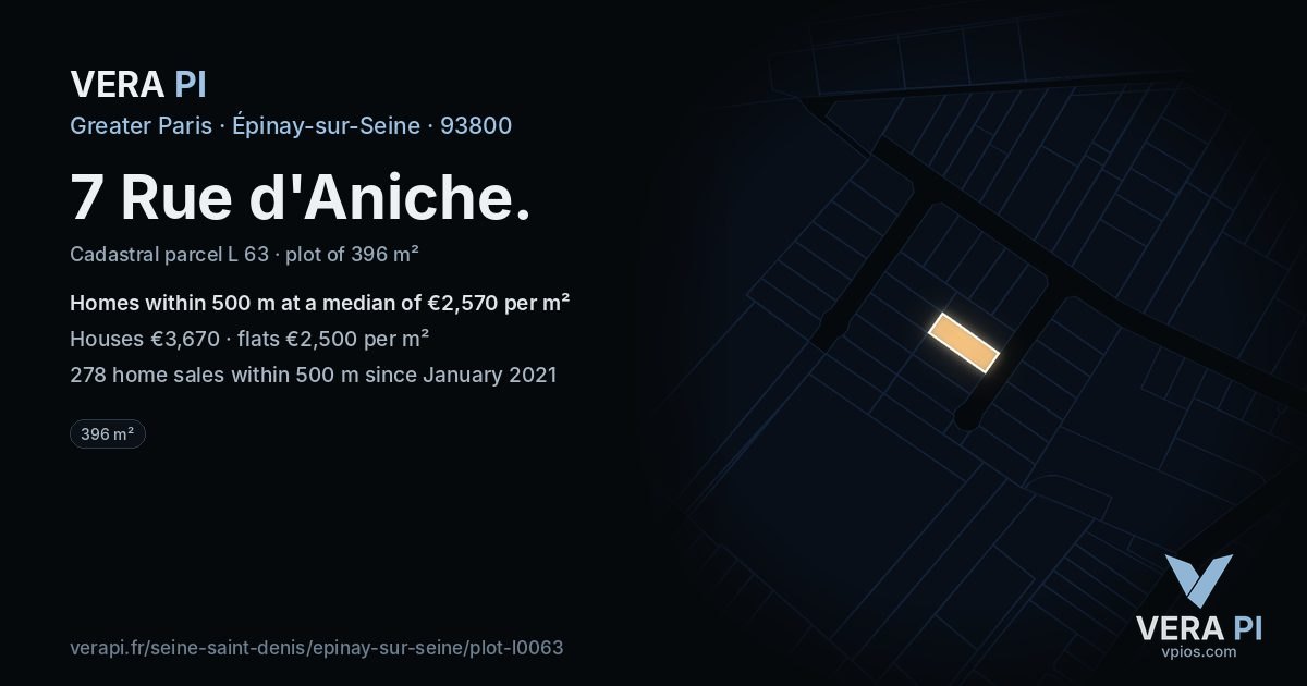 7 Rue d'Aniche, Épinay-sur-Seine at night – the plot lit, the parcels around coloured by the prices near them