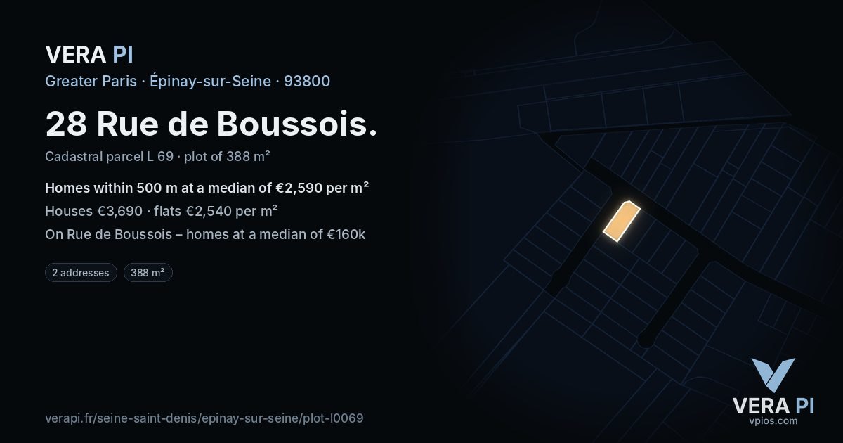 28 Rue de Boussois, Épinay-sur-Seine at night – the plot lit, the parcels around coloured by the prices near them
