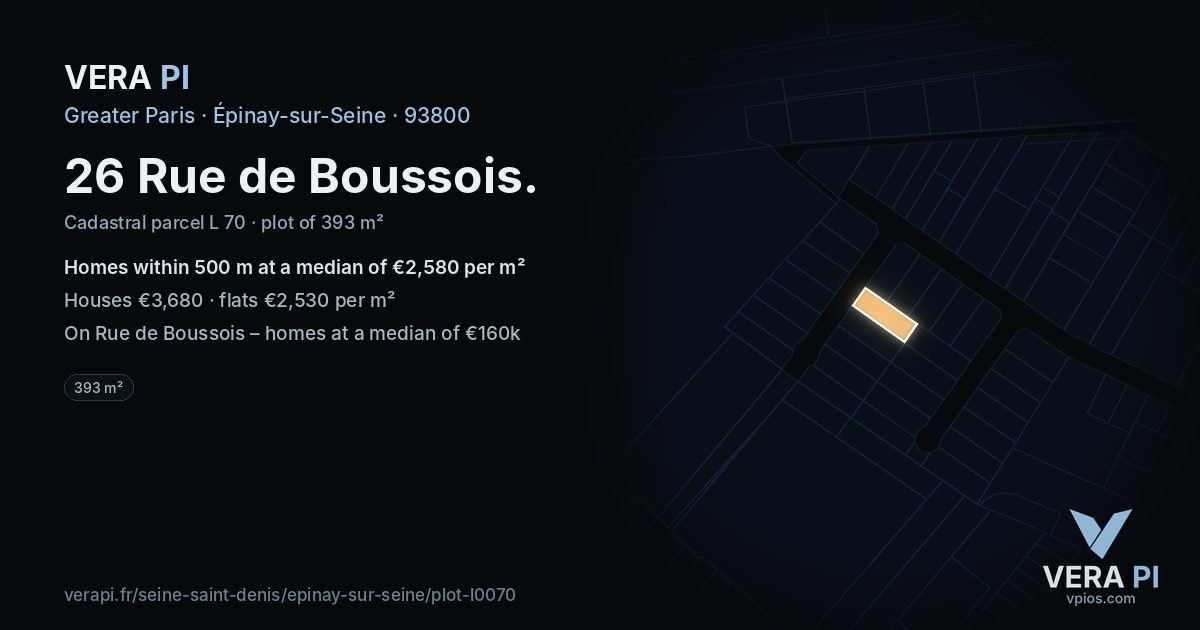 26 Rue de Boussois, Épinay-sur-Seine at night – the plot lit, the parcels around coloured by the prices near them