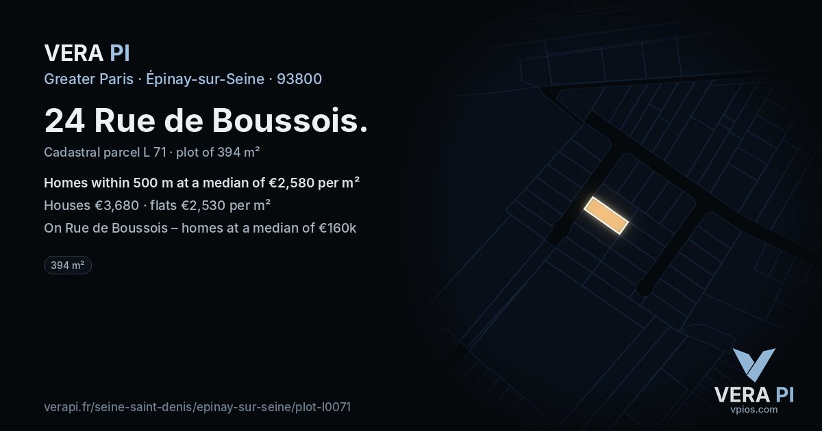 24 Rue de Boussois, Épinay-sur-Seine at night – the plot lit, the parcels around coloured by the prices near them