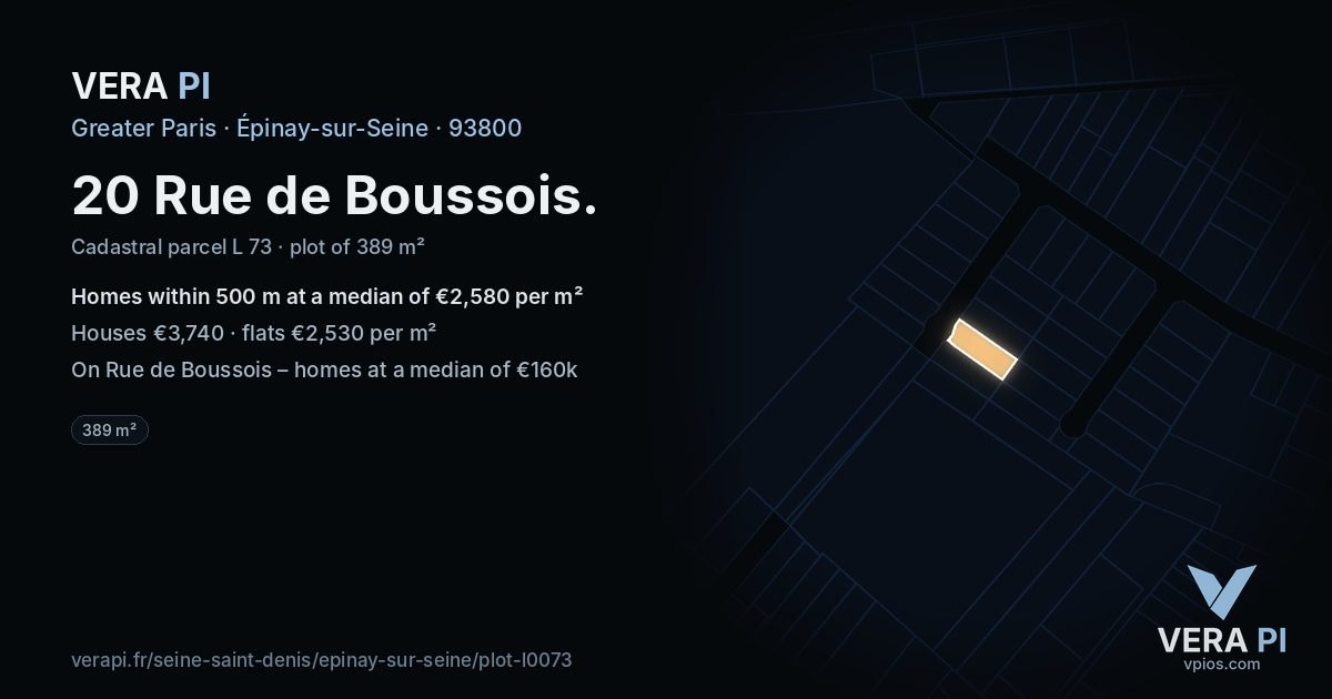 20 Rue de Boussois, Épinay-sur-Seine at night – the plot lit, the parcels around coloured by the prices near them