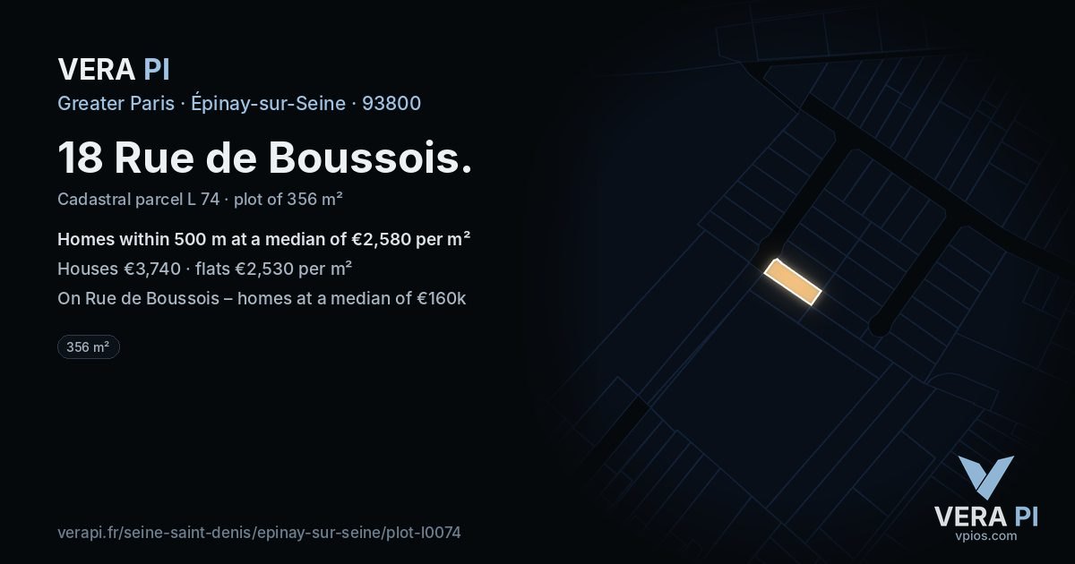 18 Rue de Boussois, Épinay-sur-Seine at night – the plot lit, the parcels around coloured by the prices near them