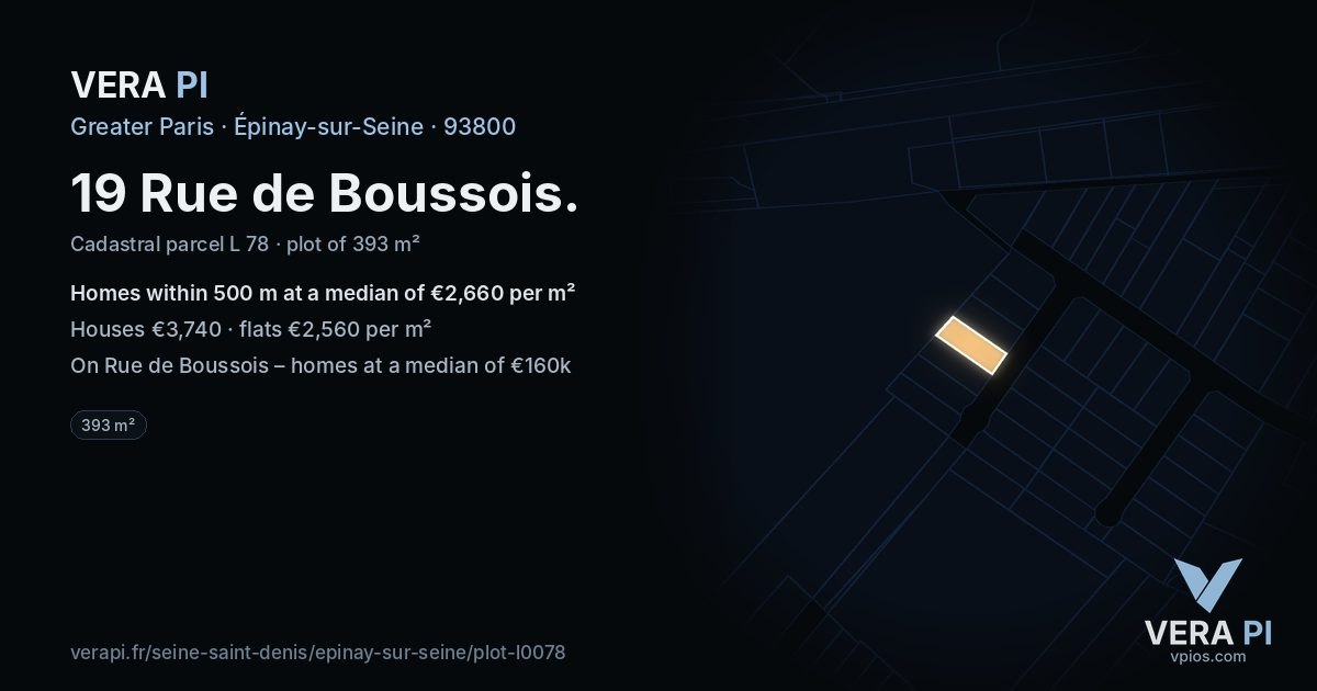 19 Rue de Boussois, Épinay-sur-Seine at night – the plot lit, the parcels around coloured by the prices near them