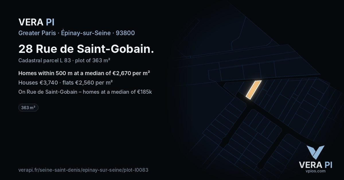 28 Rue de Saint-Gobain, Épinay-sur-Seine at night – the plot lit, the parcels around coloured by the prices near them