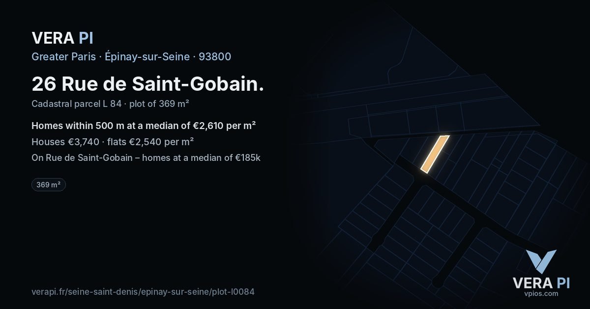 26 Rue de Saint-Gobain, Épinay-sur-Seine at night – the plot lit, the parcels around coloured by the prices near them
