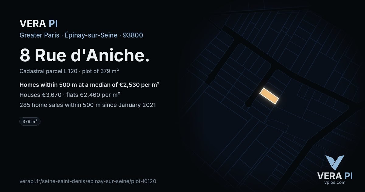 8 Rue d'Aniche, Épinay-sur-Seine at night – the plot lit, the parcels around coloured by the prices near them